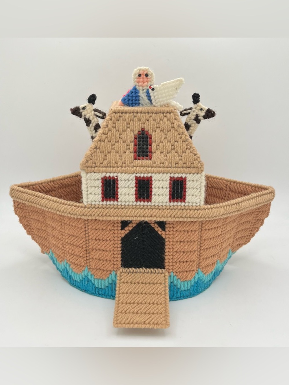 VTG 70s Noah’s Ark Yarn Plastic Canvas Tissue Box Cover Needlepoint Religious